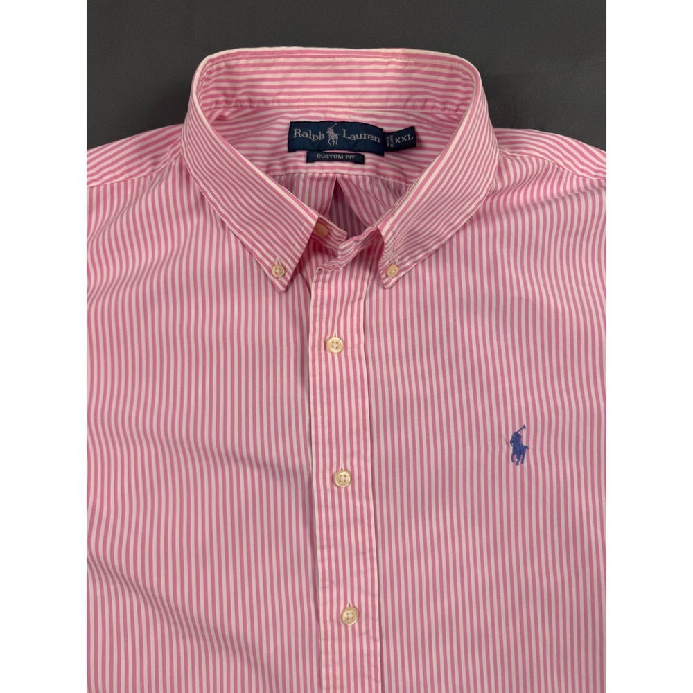 Ralph Lauren Polo XXL Custom Fit Pink White Stripe Cotton Button Down Shirt Mens - Picture 2 of 15